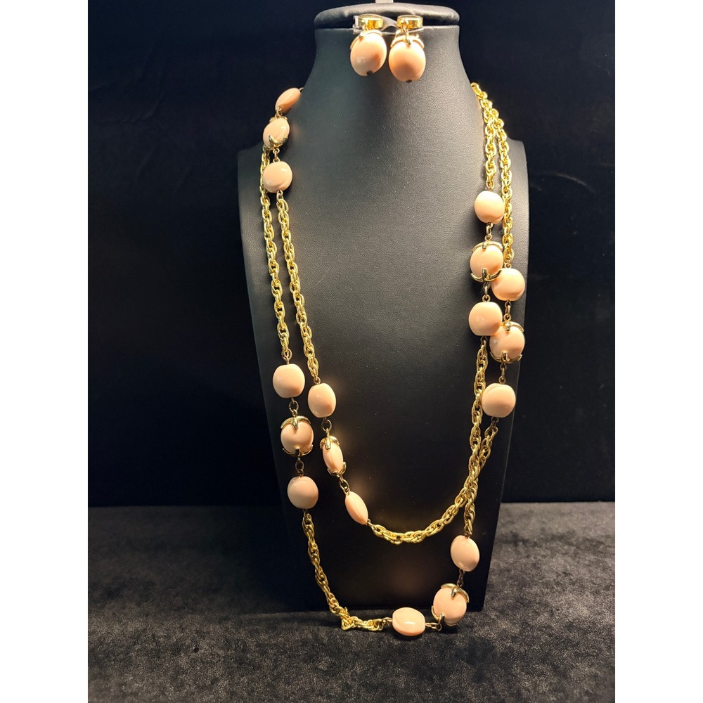Trifari Waterfall Companion Necklace Peach Pink Lucite Bead Clip On Earrings Set